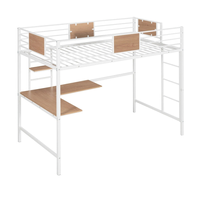 Lit mezzanine métallique une place avec bureau et étagères