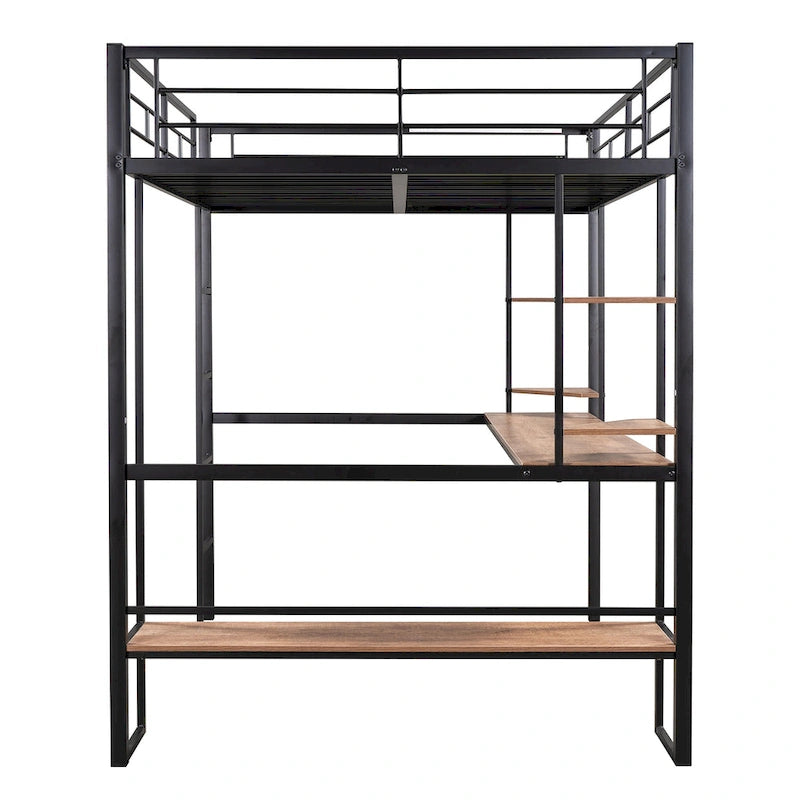 Lit mezzanine métallique double avec long bureau et étagères d'angle
