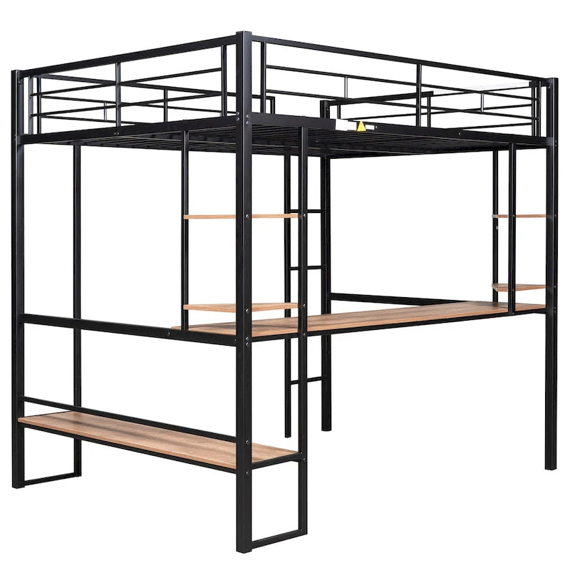 Lit mezzanine métallique double avec long bureau et étagères d'angle