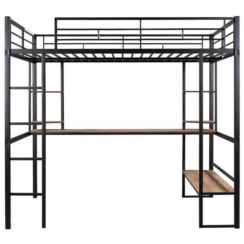 Lit mezzanine métallique double avec long bureau et étagères d'angle