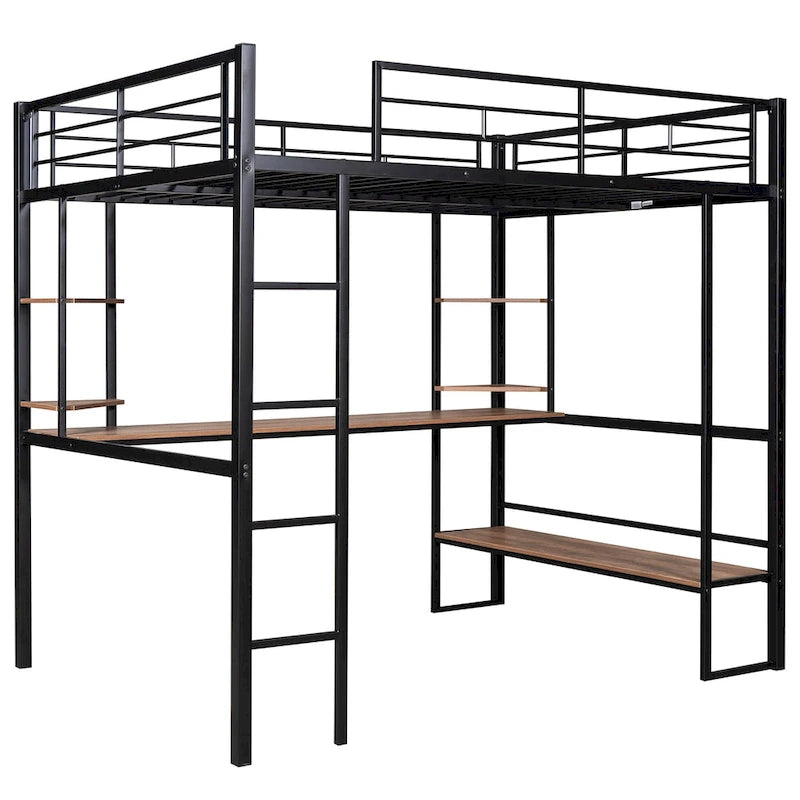 Lit mezzanine métallique double avec long bureau et étagères d'angle