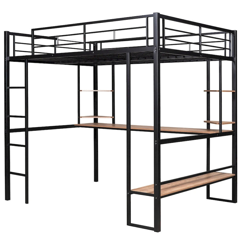 Lit mezzanine métallique double avec long bureau et étagères d'angle