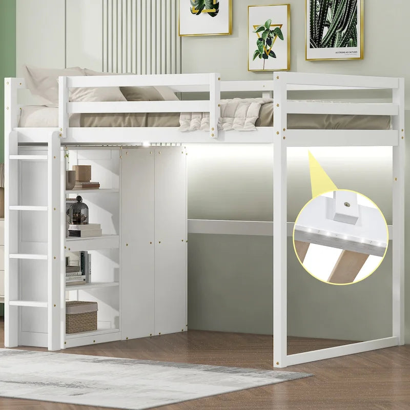 Lit mezzanine pleine grandeur en bois avec armoire, étagères à 4 niveaux et lumière LED