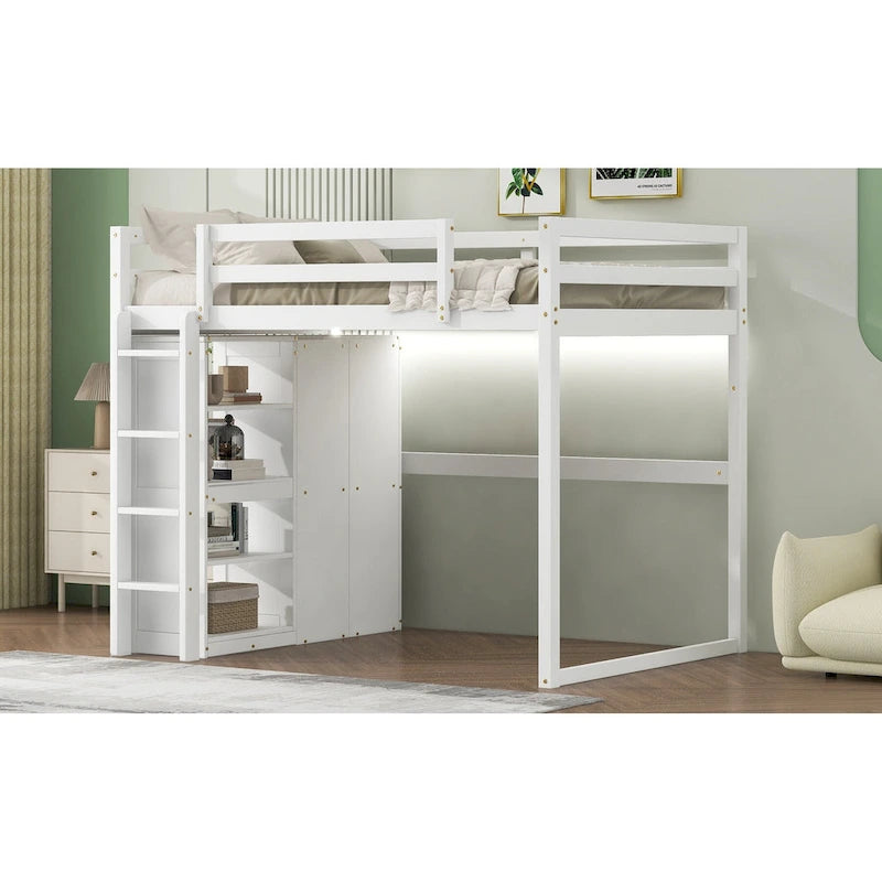 Full Size Wood Loft Bed with Built-in Wardrobe and Storage Shelves, Led light