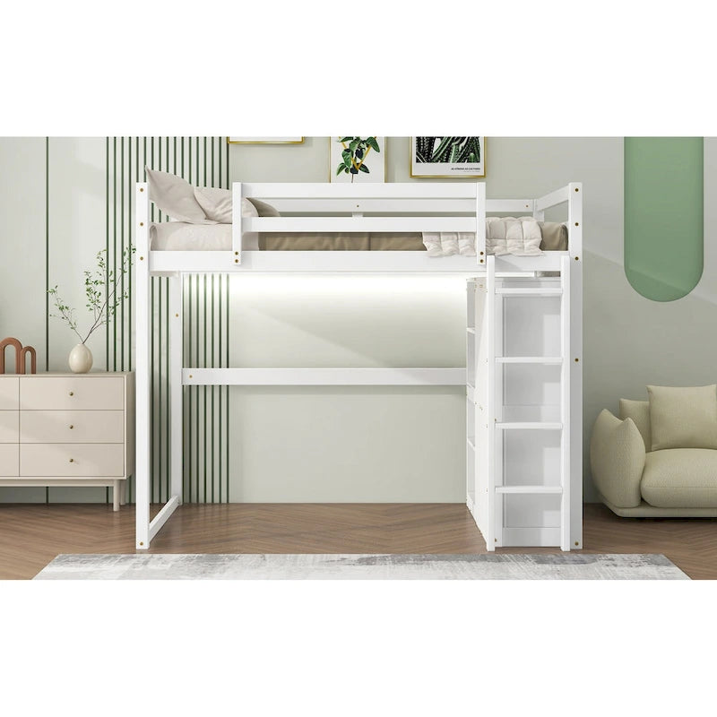 Lit mezzanine pleine grandeur en bois avec armoire, étagères à 4 niveaux et lumière LED