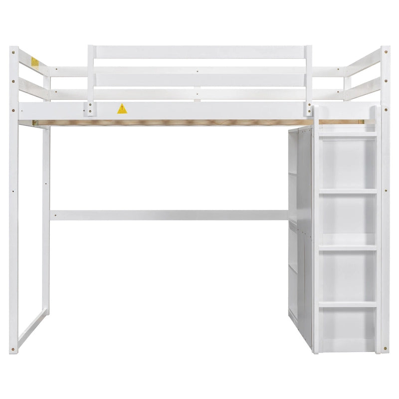 Lit mezzanine pleine grandeur en bois avec armoire, étagères à 4 niveaux et lumière LED