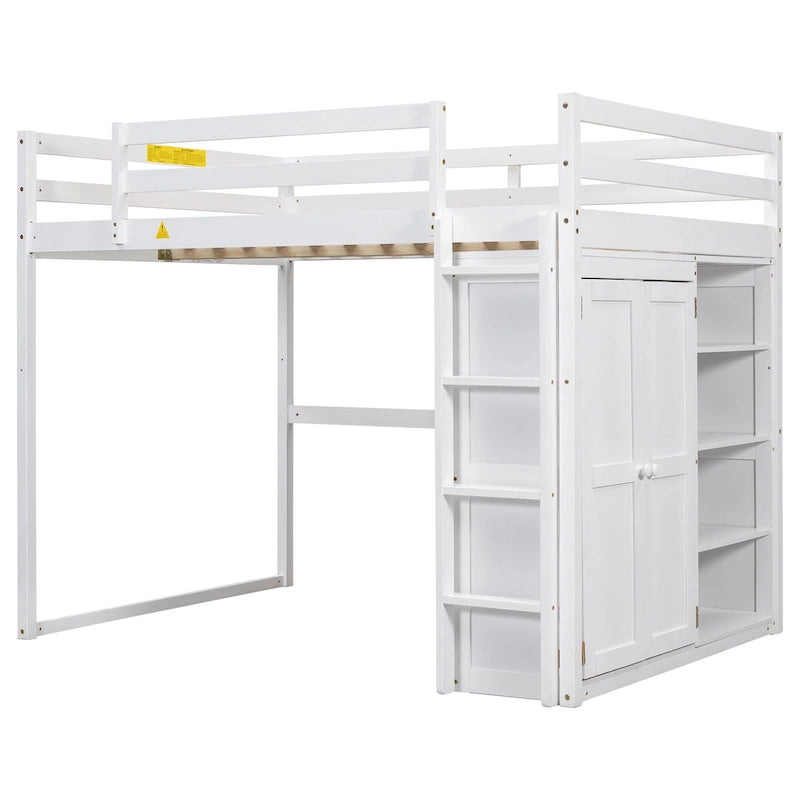 Lit mezzanine pleine grandeur en bois avec armoire, étagères à 4 niveaux et lumière LED