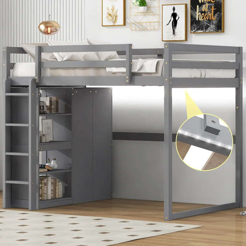 Lit mezzanine pleine grandeur en bois avec armoire, étagères à 4 niveaux et lumière LED