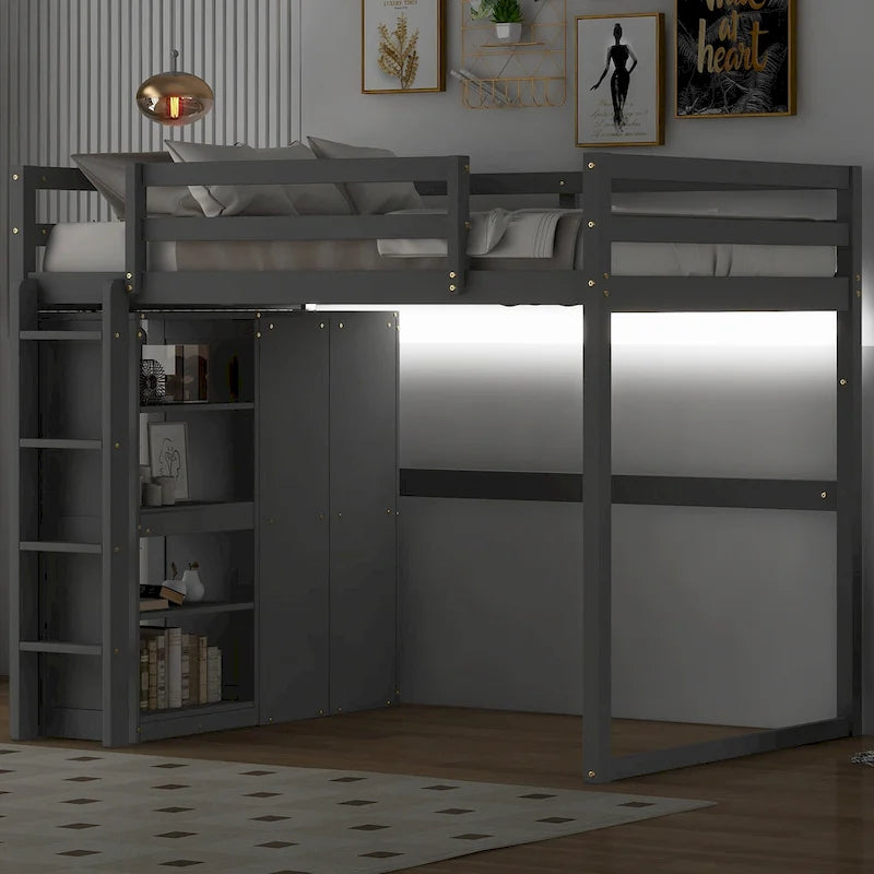 Lit mezzanine pleine grandeur en bois avec armoire, étagères à 4 niveaux et lumière LED