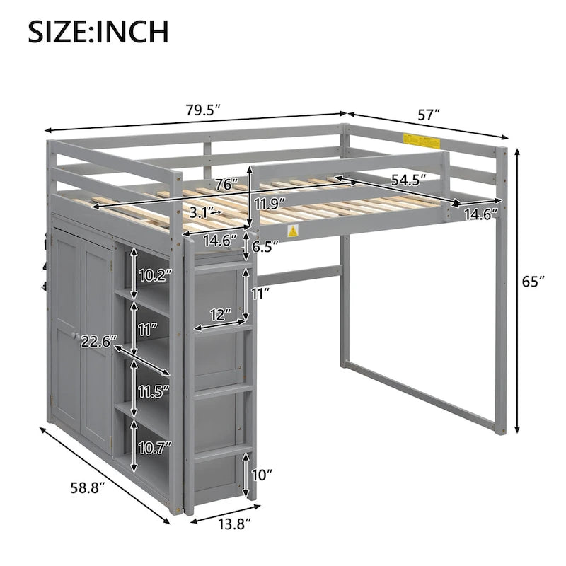 Lit mezzanine pleine grandeur en bois avec armoire, étagères à 4 niveaux et lumière LED