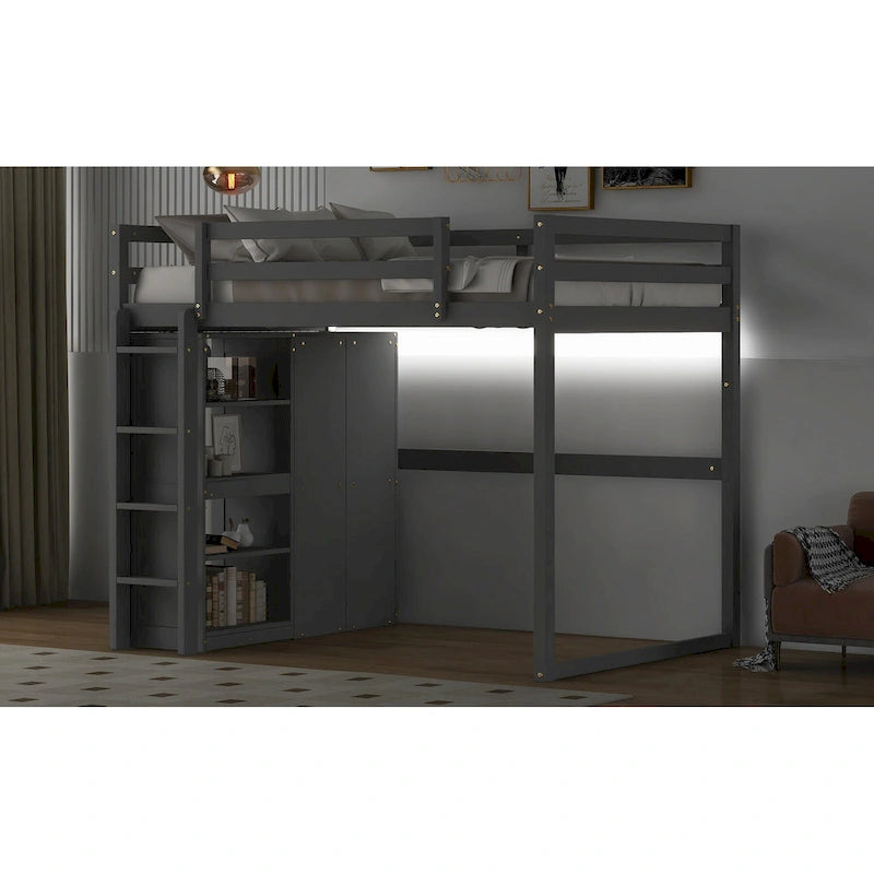 Lit mezzanine pleine grandeur en bois avec armoire, étagères à 4 niveaux et lumière LED