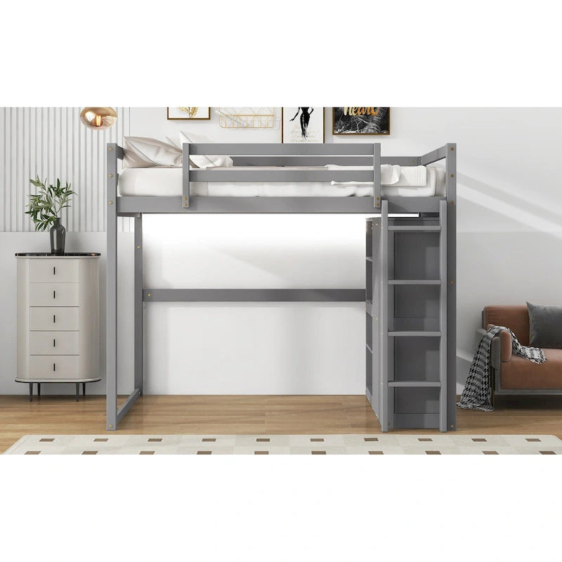 Lit mezzanine pleine grandeur en bois avec armoire, étagères à 4 niveaux et lumière LED