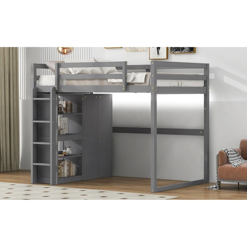 Lit mezzanine pleine grandeur en bois avec armoire, étagères à 4 niveaux et lumière LED