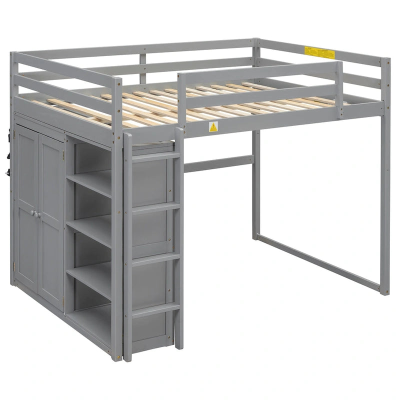 Lit mezzanine pleine grandeur en bois avec armoire, étagères à 4 niveaux et lumière LED