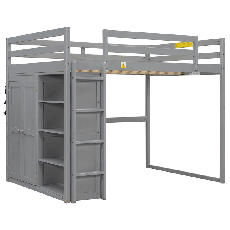 Lit mezzanine pleine grandeur en bois avec armoire, étagères à 4 niveaux et lumière LED