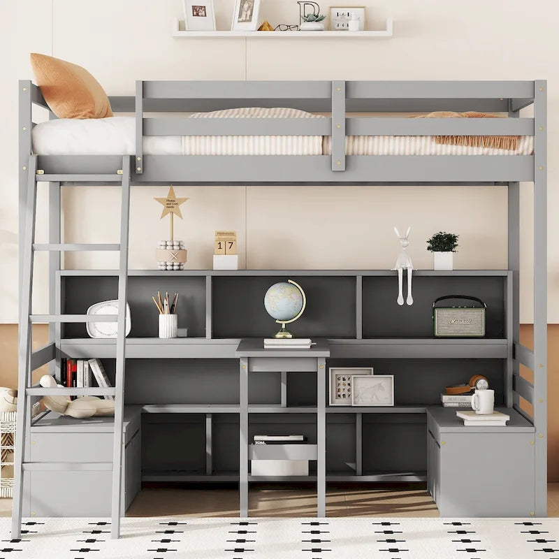 Lit mezzanine simple en bois avec bureau, tiroirs et étagères de rangement