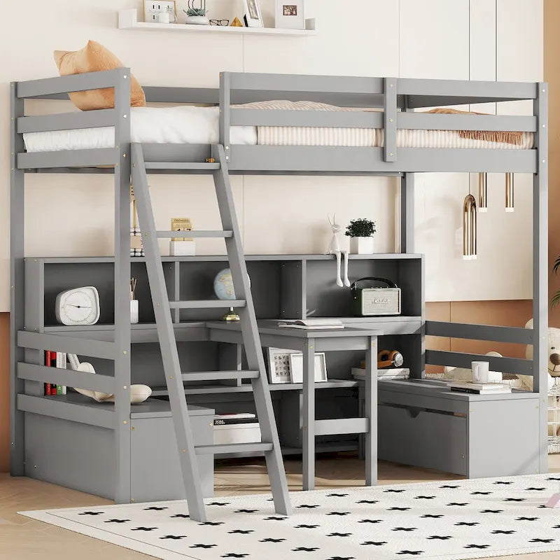 Lit mezzanine simple en bois avec bureau, tiroirs et étagères de rangement