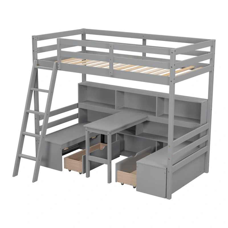 Lit mezzanine simple en bois avec bureau, tiroirs et étagères de rangement