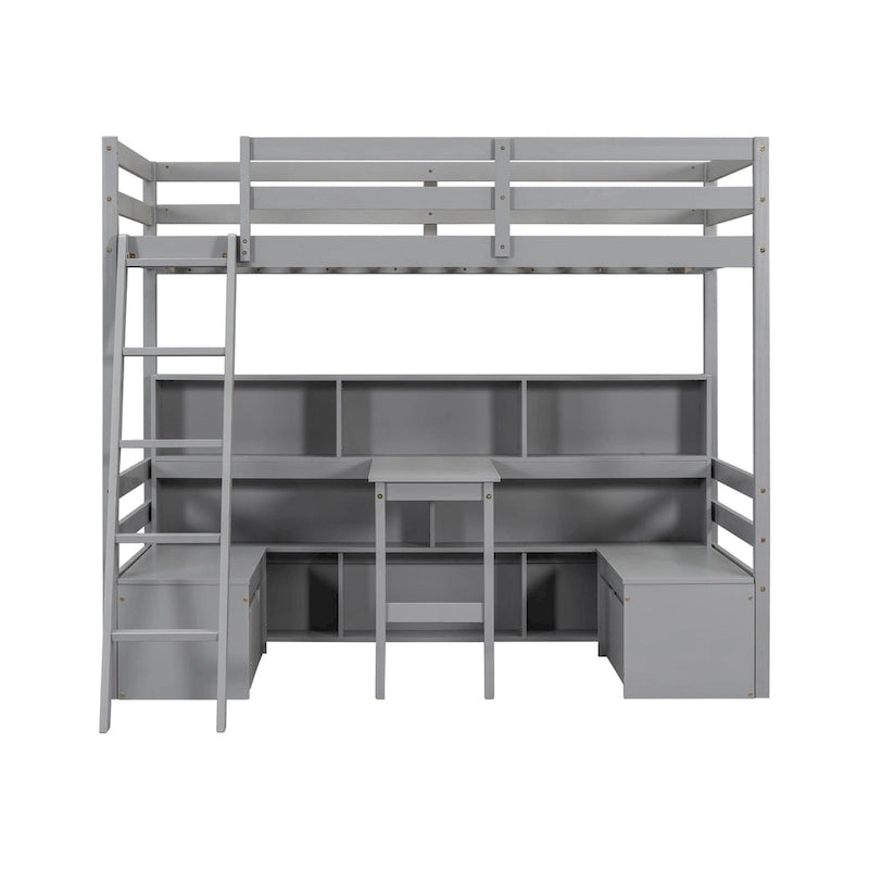 Lit mezzanine simple en bois avec bureau, tiroirs et étagères de rangement