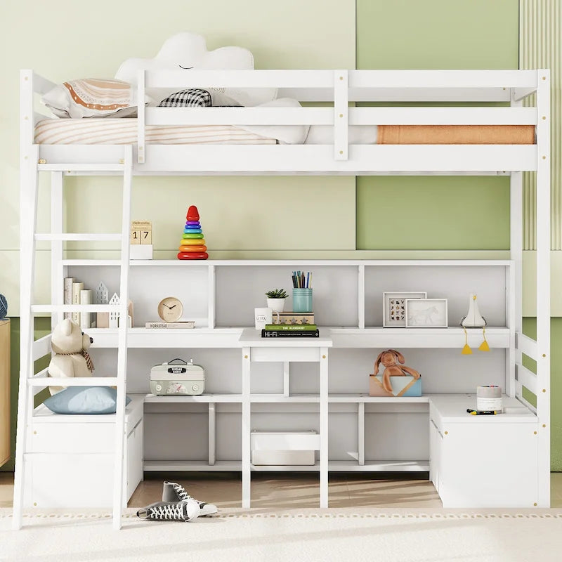 Lit mezzanine simple en bois avec bureau, tiroirs et étagères de rangement