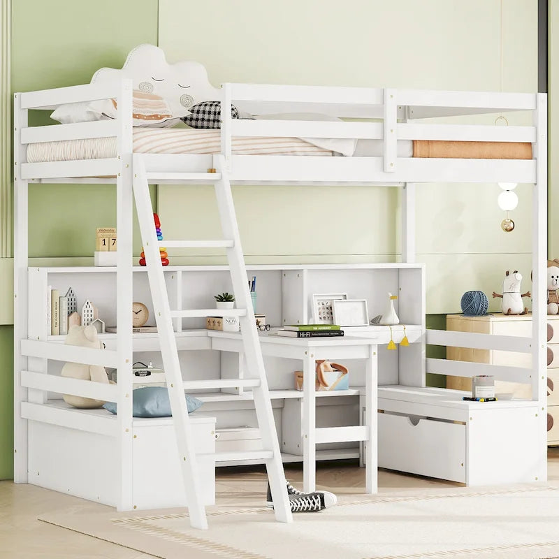 Lit mezzanine simple en bois avec bureau, tiroirs et étagères de rangement