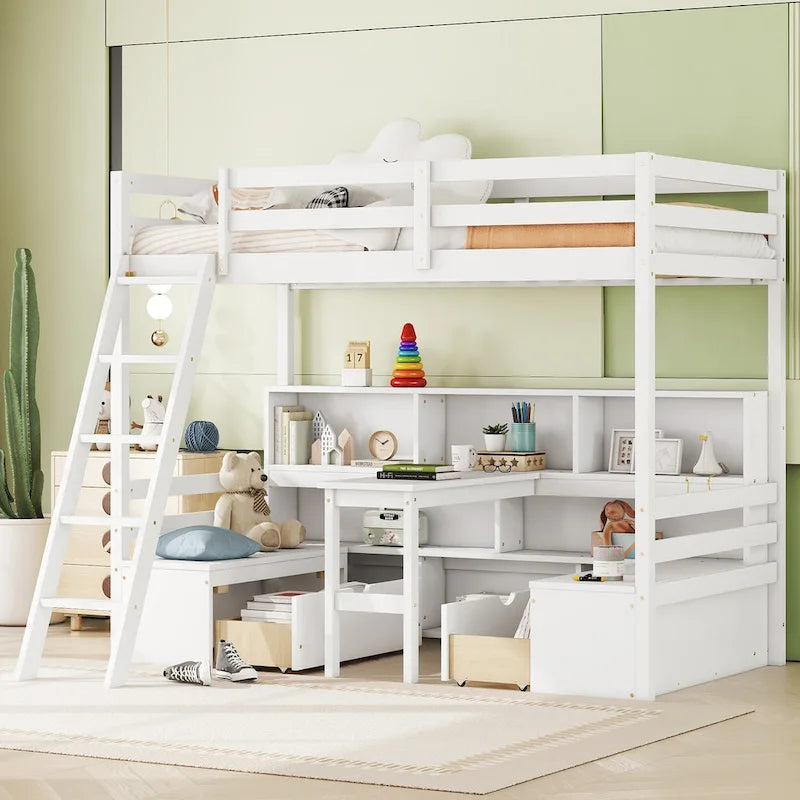 Lit mezzanine simple en bois avec bureau, tiroirs et étagères de rangement