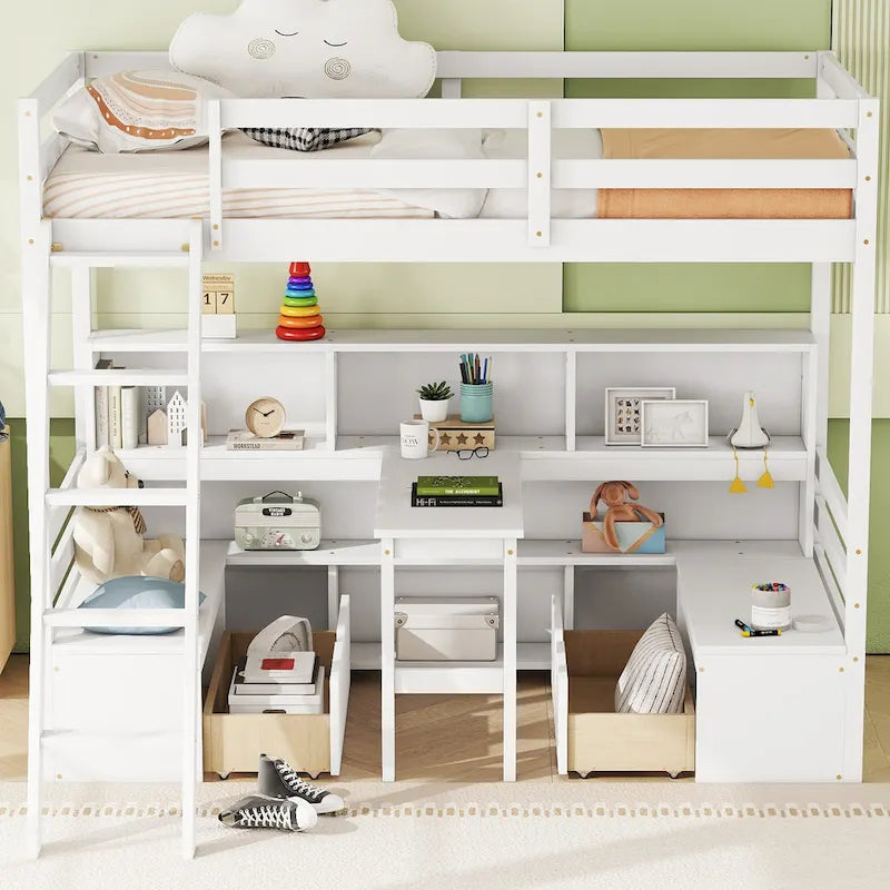 Lit mezzanine simple en bois avec bureau, tiroirs et étagères de rangement