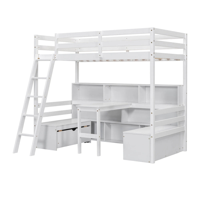 Lit mezzanine simple en bois avec bureau, tiroirs et étagères de rangement
