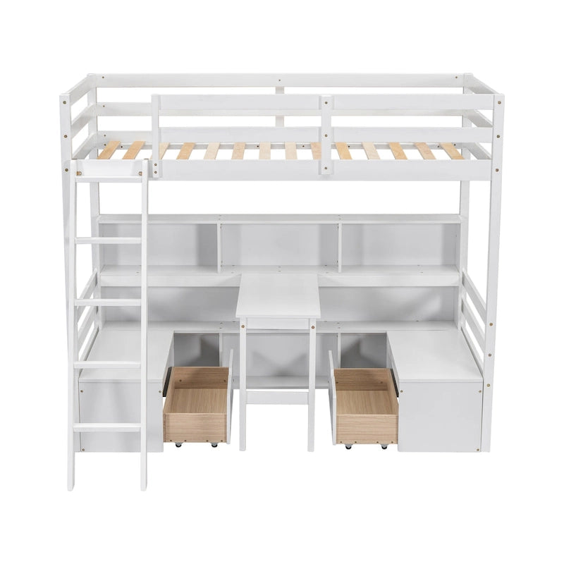 Lit mezzanine simple en bois avec bureau, tiroirs et étagères de rangement