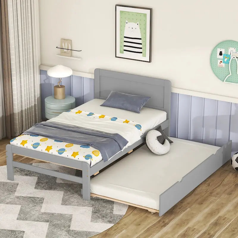 Cadre de lit simple en bois avec lit gigogne escamotable