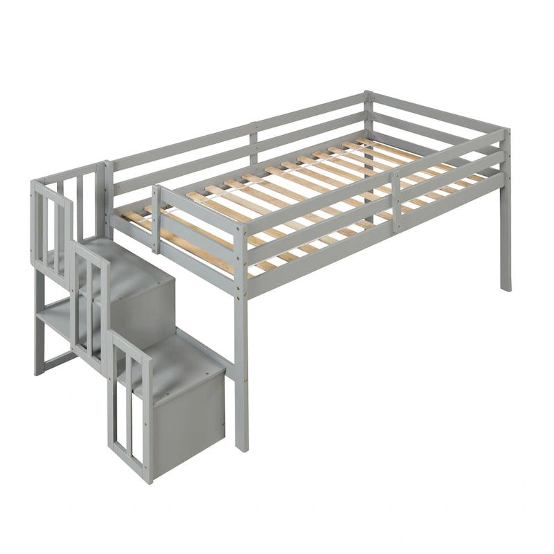 Lit mezzanine double en pin avec escalier de rangement et barrières de sécurité