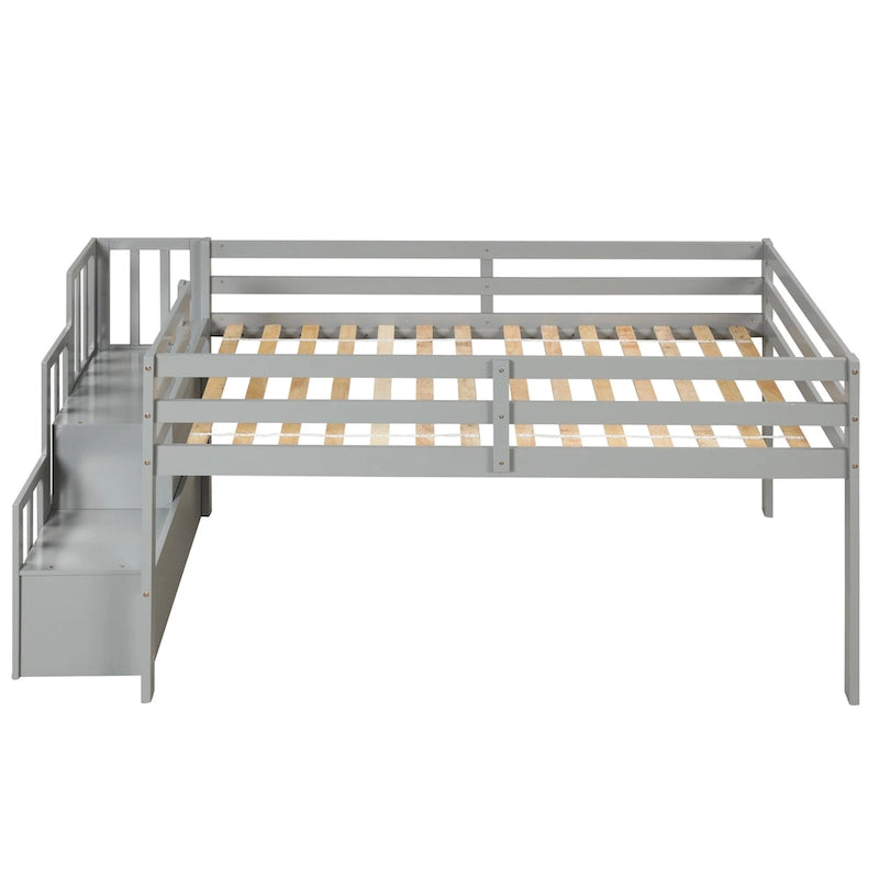 Lit mezzanine double en pin avec escalier de rangement et barrières de sécurité
