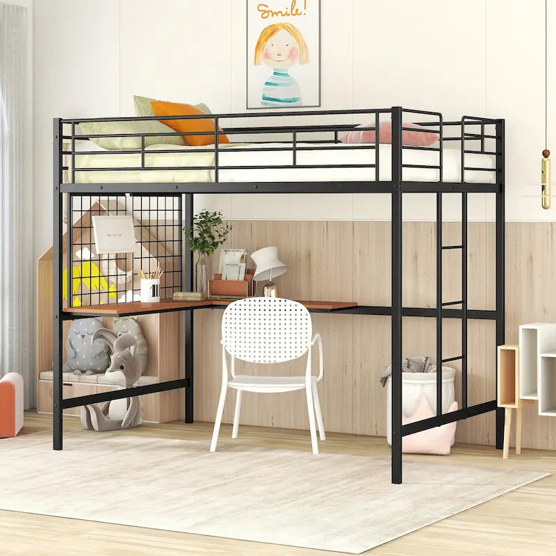 Lit mezzanine en métal avec bureau intégré, échelle et panneau de grille décoratif