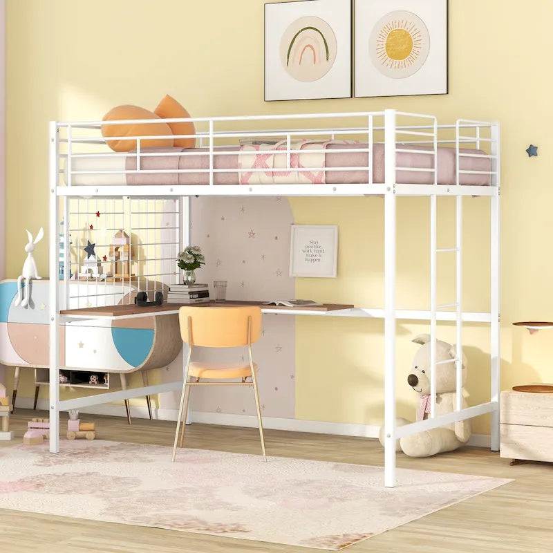 Lit mezzanine en métal avec bureau intégré, échelle et panneau de grille décoratif