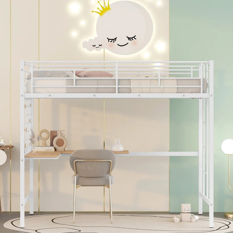 Lit mezzanine en métal avec bureau intégré, échelle et panneau de grille décoratif