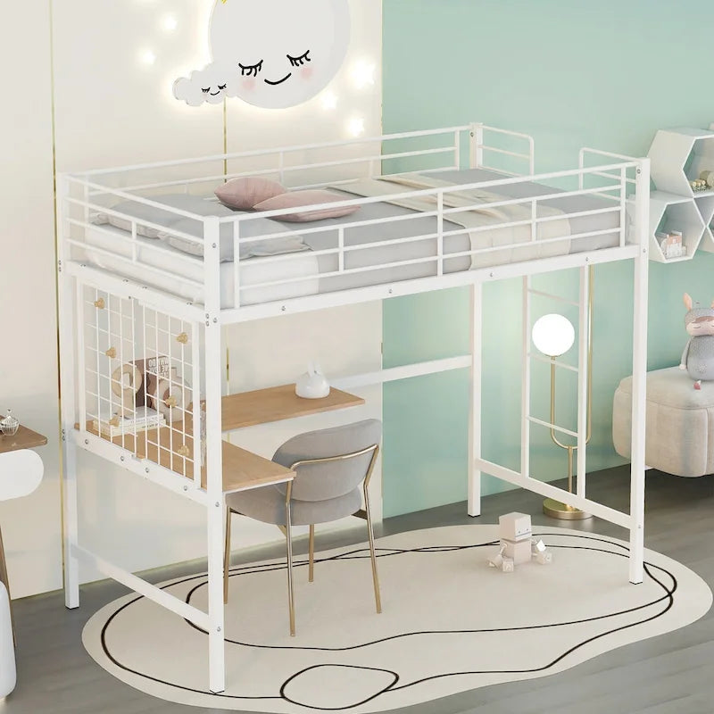 Lit mezzanine en métal avec bureau intégré, échelle et panneau de grille décoratif