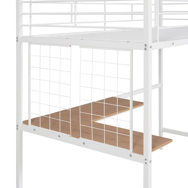 Lit mezzanine en métal avec bureau intégré, échelle et panneau de grille décoratif