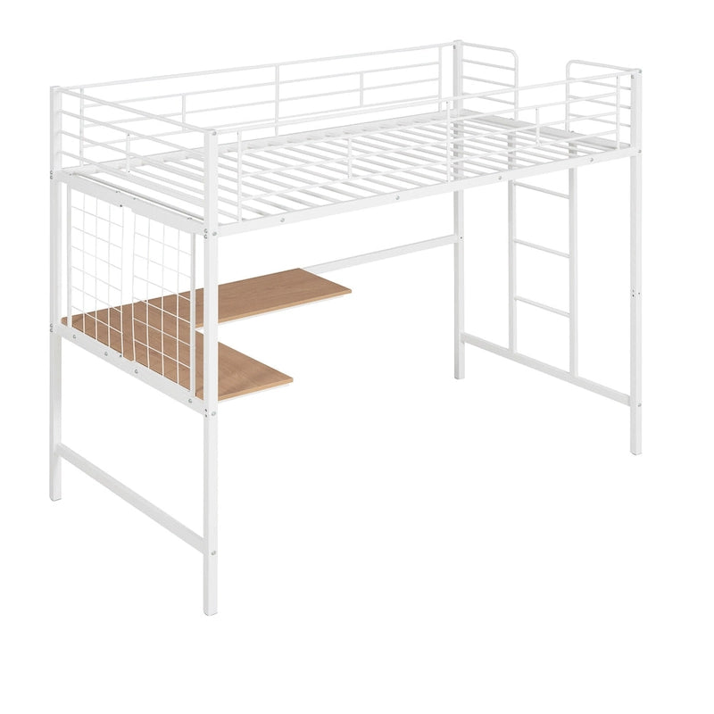 Lit mezzanine en métal avec bureau intégré, échelle et panneau de grille décoratif