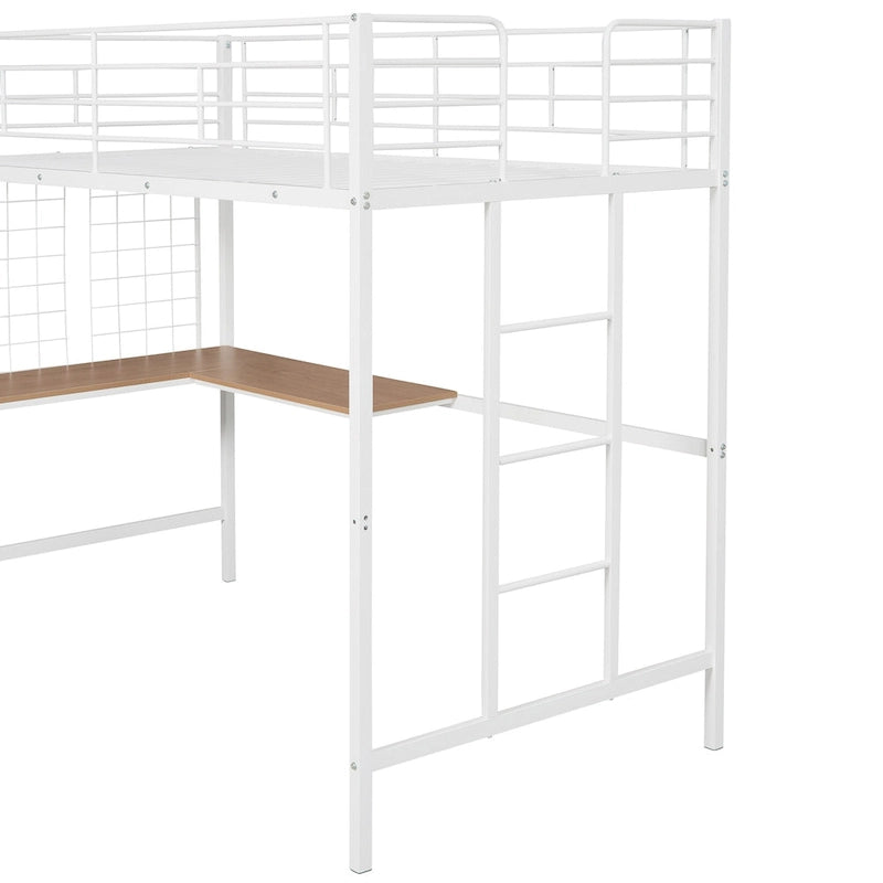 Lit mezzanine en métal avec bureau intégré, échelle et panneau de grille décoratif