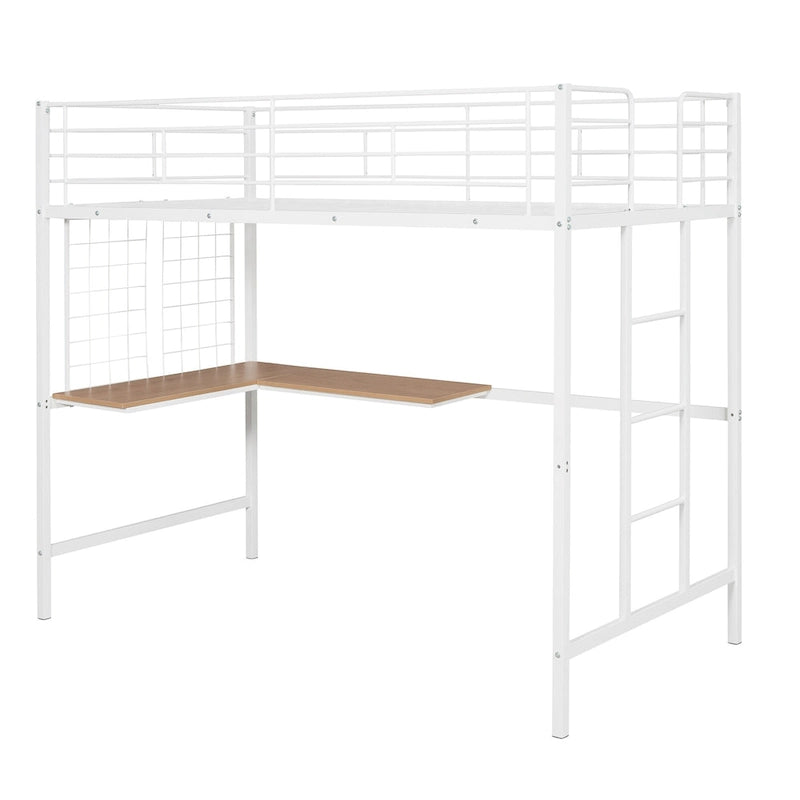 Lit mezzanine en métal avec bureau intégré, échelle et panneau de grille décoratif