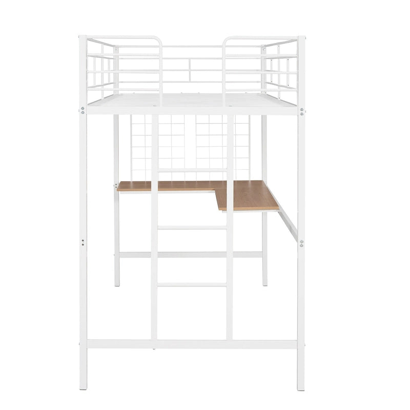 Lit mezzanine en métal avec bureau intégré, échelle et panneau de grille décoratif