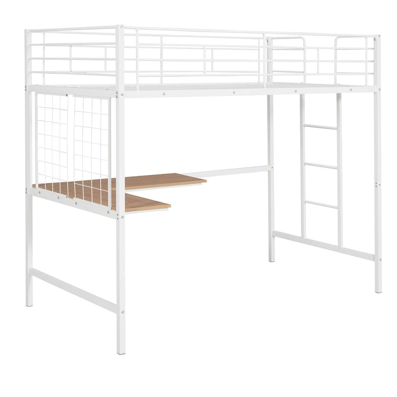 Lit mezzanine en métal avec bureau intégré, échelle et panneau de grille décoratif