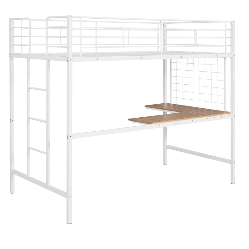 Lit mezzanine en métal avec bureau intégré, échelle et panneau de grille décoratif