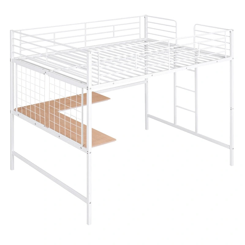 Lit mezzanine en métal avec bureau intégré, échelle et panneau de grille décoratif