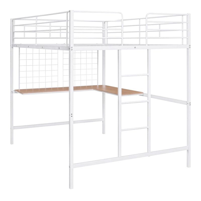 Lit mezzanine en métal avec bureau intégré, échelle et panneau de grille décoratif