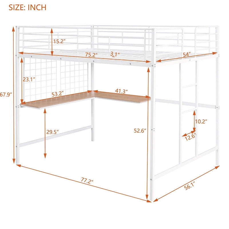 Lit mezzanine en métal avec bureau intégré, échelle et panneau de grille décoratif