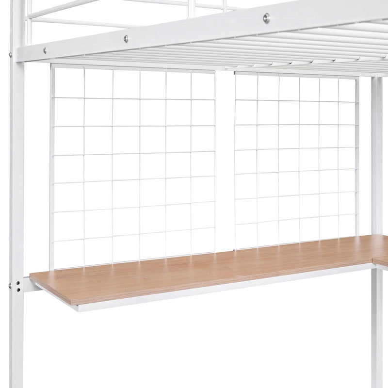 Lit mezzanine en métal avec bureau intégré, échelle et panneau de grille décoratif