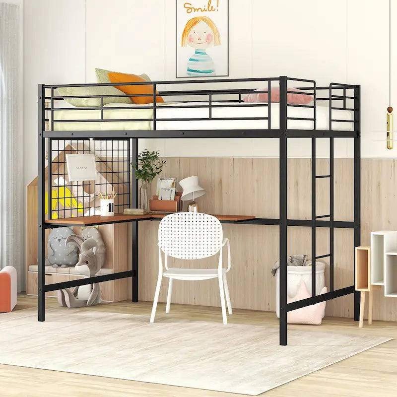 Lit mezzanine en métal avec bureau intégré, échelle et panneau de grille décoratif
