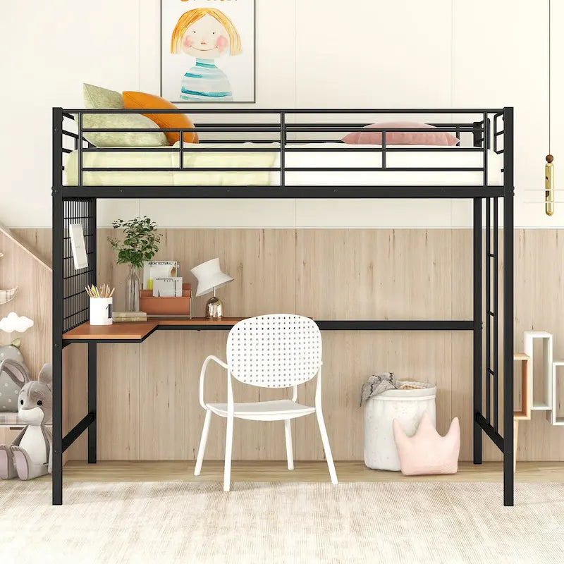Lit mezzanine en métal avec bureau intégré, échelle et panneau de grille décoratif