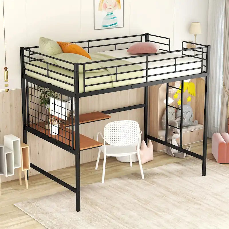 Lit mezzanine en métal avec bureau intégré, échelle et panneau de grille décoratif